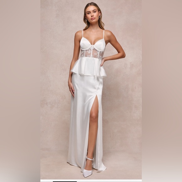 Lulus 
Iconic Adoration White Satin Peplum Sheer Bustier Maxi Dress Sz XL - Picture 1 of 4